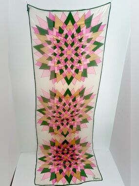 Vintage Vera Neumann pinks, greens & tan Oblong Sheer Scarf  43” X 15”